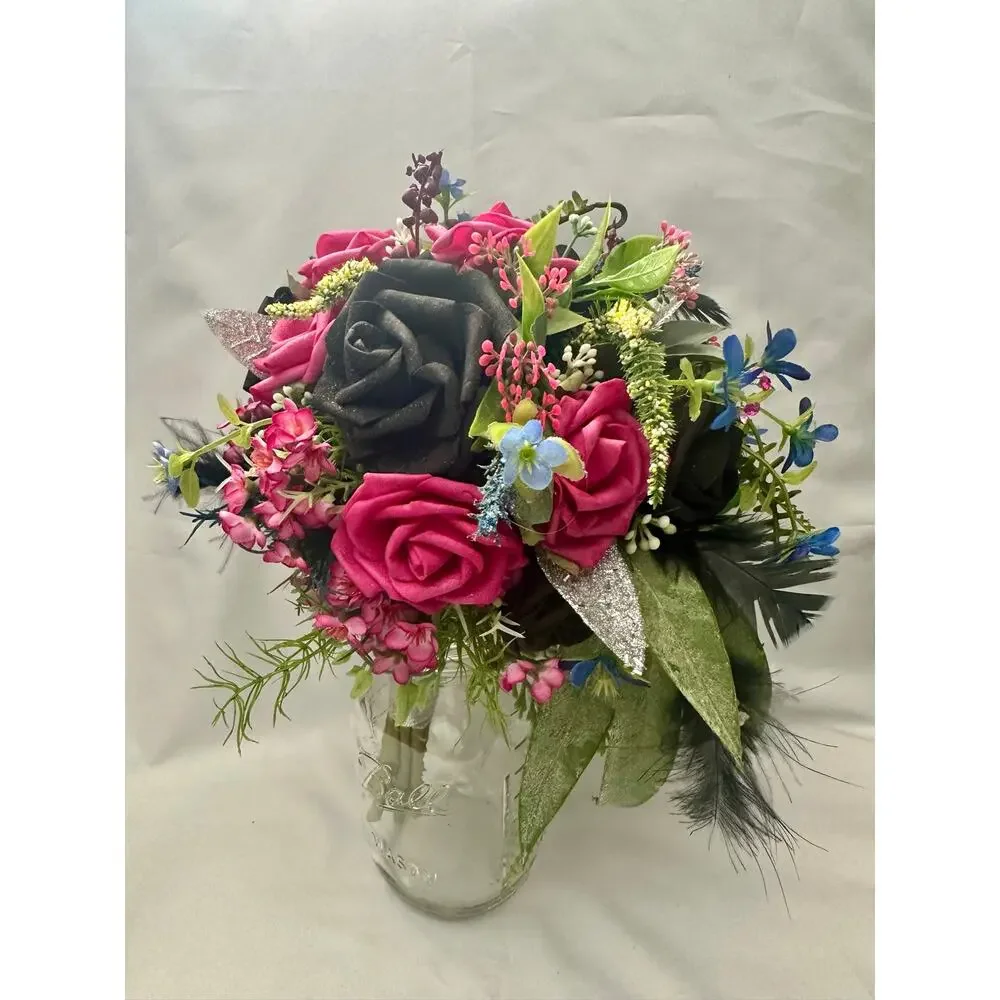 Homecoming prom floral bouquet artificial pink black blue feathers greensilver